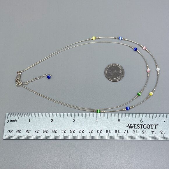 Multicolor Cat's Eye Station Necklace | Sterling Silver 925 | 15.5"-18" - Picture 5 of 5
